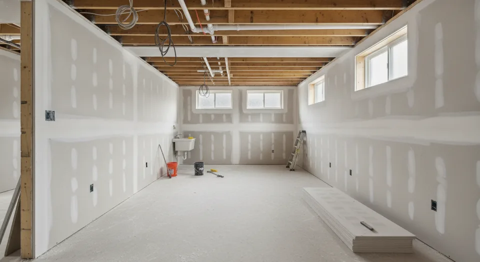Taped and sanded drywall in a basement being finished as a legal second unit in a Kitchener, Ontario house
